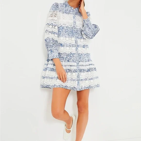 HYACINTH HOUSELace Trim Blue Etched Floral Emmie Mini Dress